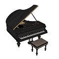 Black Grand Piano With Ornate Carving And Matching Wooden Stool For Musical Instrument