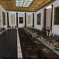 Elegant Dining Room With Long Tables Chairs Tableware Fruit Bowls And Marble Walls