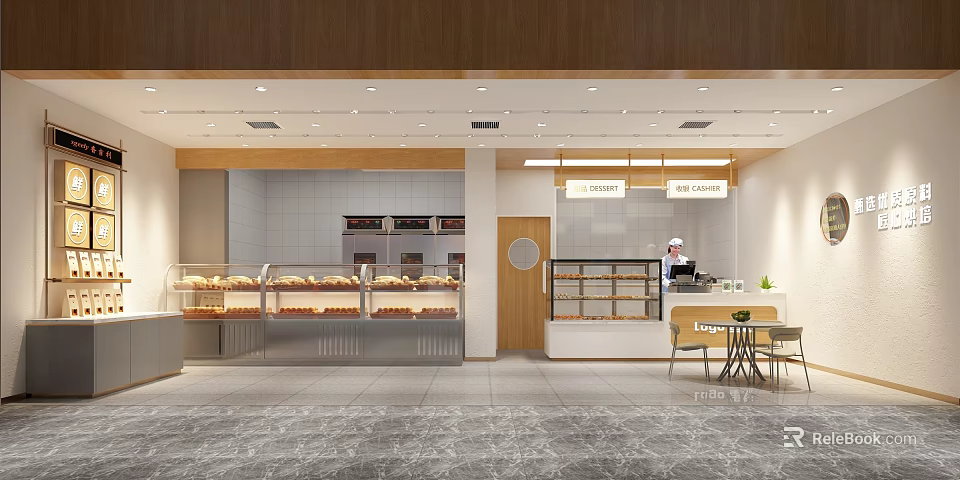 Modern Bright Dessert Shop Interior With Glass Display Cases Fresh Desserts And Seating Area 3d model 
