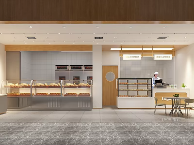 Modern Bright Dessert Shop Interior With Glass Display Cases Fresh Desserts And Seating Area 3d model