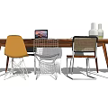 Wooden Conference Table With Laptop Food Plates Vase And Mixed Style Chairs