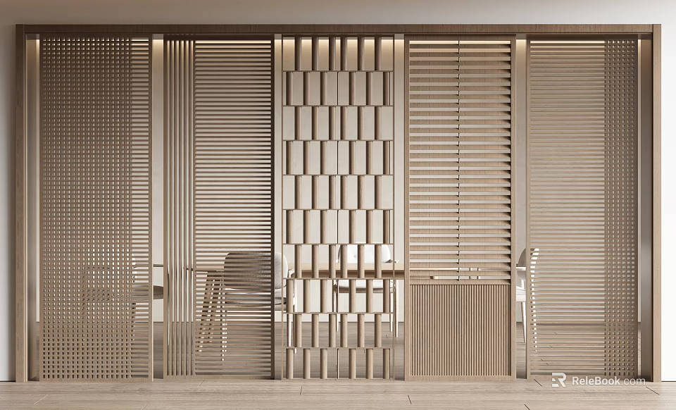 Modern Wooden Slat Partition Design For Interior Space With Grid Pattern And Panel Details 3d model