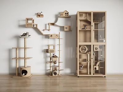 Wooden Cat Furniture With Multi Level Tree Platforms Cabinets And Houses 3d model