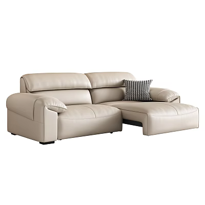 Modern Beige Leather Double Sofa With Plaid Cushion And Extendable Footrest 3d model