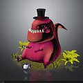 Pink Creature With Top Hat Sharp Teeth And Small Teapot Near Plants 3d model