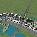 Modern Office Building Complex In Urban Planning With Green Spaces Waterfront And Transportation Links