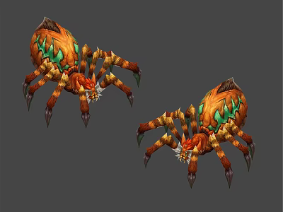 Two Orange Green Spiked Reptile Creatures With Long Legs And Decorative Features 3d model