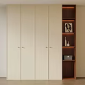 Modern Interior With White Wardrobe And Wooden Bookshelf Displaying Decorative Items