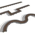 Scenic Curved Wooden Boardwalk Pedestrian Road Facility With Trees And Water