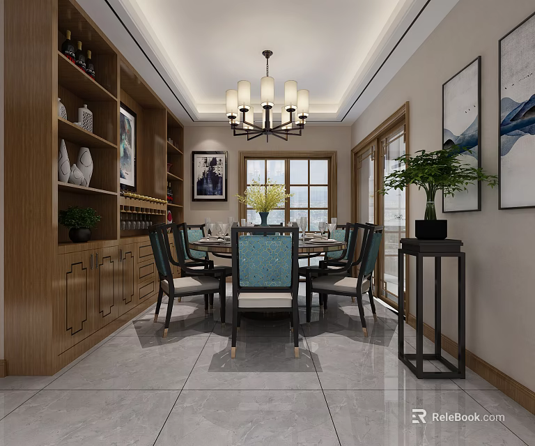 Chinese Style Restaurant Interior With Wooden Wine Cabinet Chandelier And Blue Cushioned Chairs 3d model 