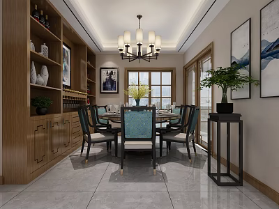 Chinese Style Restaurant Interior With Wooden Wine Cabinet Chandelier And Blue Cushioned Chairs 3d model