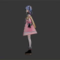3D Model Game Anime Character With Blue Purple Hair In Pink Coat And Black Skirt