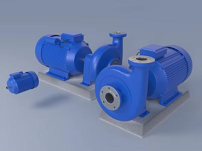 Blue Industrial Electric Motor Pumps Machinery Components Mounted On Concrete Bases 3d model