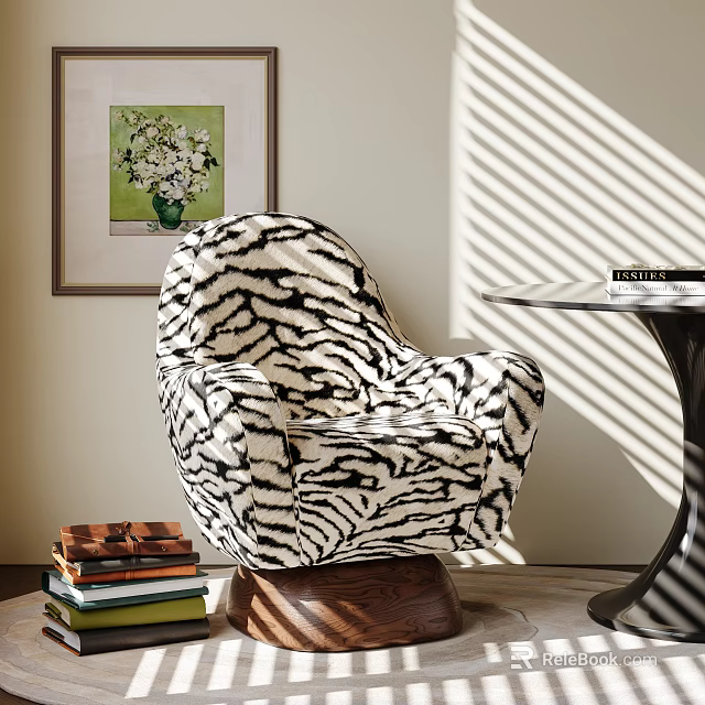 Zebra Print Plush Accent Chair With Floral Artwork Natural Light And Side Table Books 3d model 