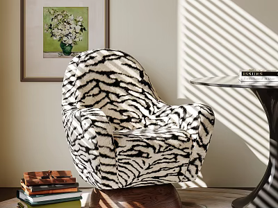 Zebra Print Plush Accent Chair With Floral Artwork Natural Light And Side Table Books 3d model