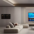 Modern Living Room Interior With Large Screen TV Light Colored Sofa And Decorative Items