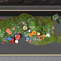 Miniature Landscape Scene With Golden Frame Dark Rock Background Mushrooms Small House And Water Reflection