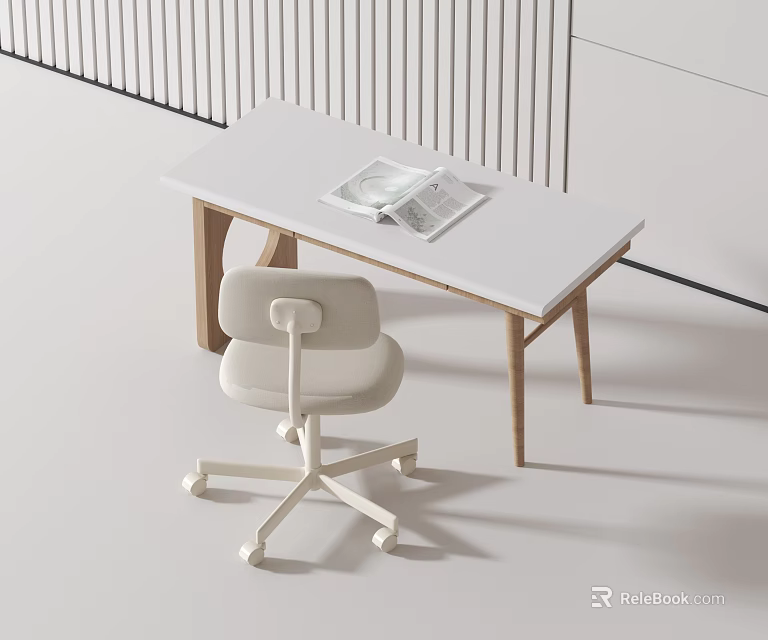 Simple Modern Dining Table Set With White Tabletop Wooden Legs And Beige Chair 3d model 