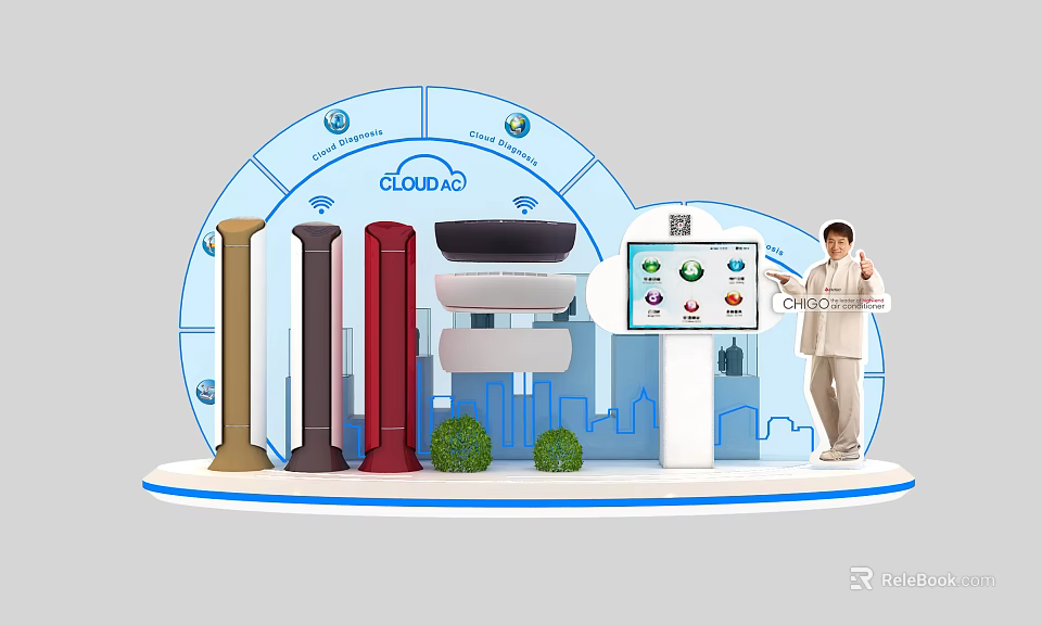 Smart Connected Display Shelves with QR Code Touchscreen Various Colors Green Plants and Urban Backdrop 3d model 