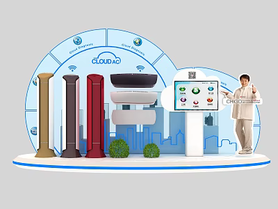 Smart Connected Display Shelves with QR Code Touchscreen Various Colors Green Plants and Urban Backdrop 3d model