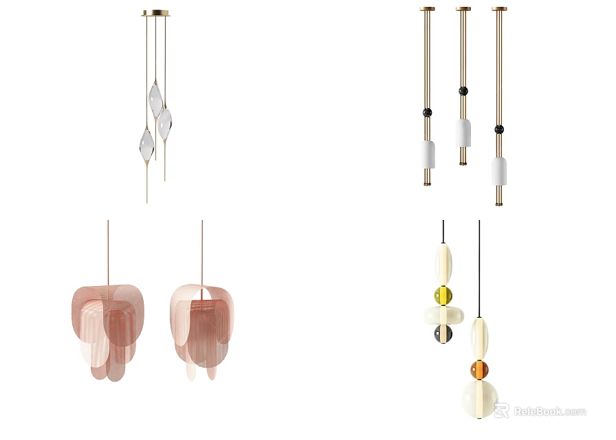 Modern Contemporary Chandeliers With Gold Metal Rods Pink Fabric Shades And White Glass Accents 3d model 
