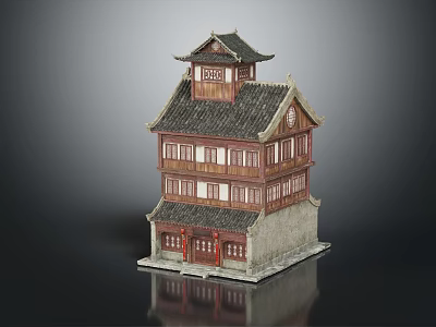 Traditional Chinese Architecture Three Story Wooden Structure With Pagoda Style Roof And Ornate Windows 3d model