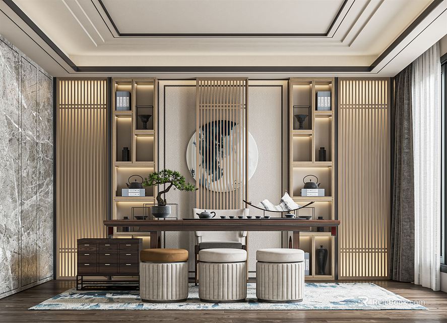 Traditional Tea Room Interior Design With Wooden Shelves Tea Sets And Potted Plant 3d model 