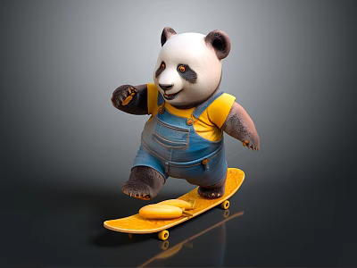 Cute Panda Toy Standing Wearing Yellow T-shirt And Blue Overalls On Yellow Skateboard With Cookie 3d model