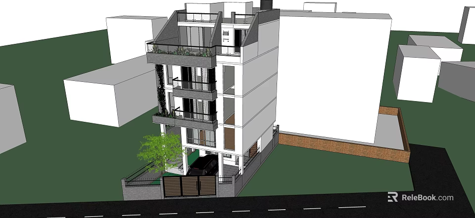 Modern Multi Story Building Exterior With Balconies Entrance And Green Area 3d model 