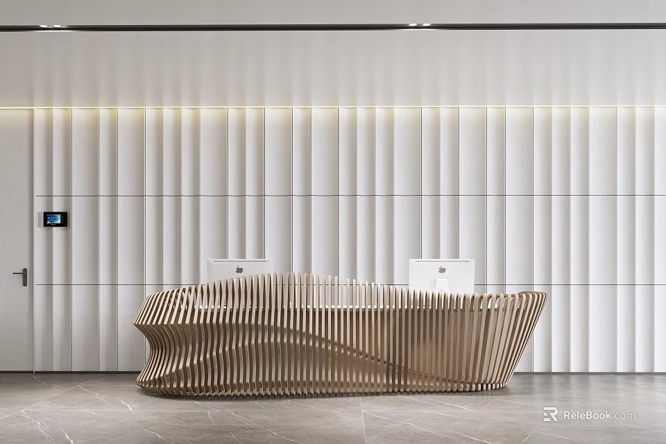 Modern Reception Desk with Wavy Wooden Design Vertical Striped White Wall Lighting and Computer Monitors 3d model 