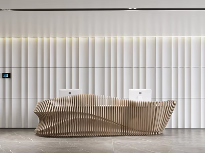 Modern Reception Desk with Wavy Wooden Design Vertical Striped White Wall Lighting and Computer Monitors 3d model