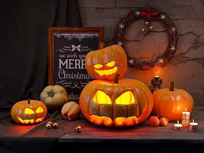 Unique Shaped Table Lamp For Christmas With Wreath Candles And Decorative Pumpkins 3d model