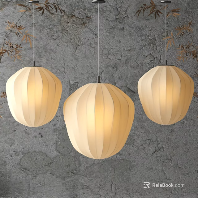 Modern Three Beige Pleated Lanterns Hanging With Soft Light Against Gray Wall 3d model 