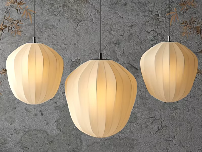 Modern Three Beige Pleated Lanterns Hanging With Soft Light Against Gray Wall 3d model