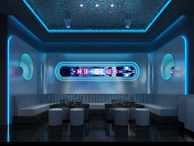 Modern KTV Interior Design with Blue Lighting Round Windows Sofas and Tables 3d model