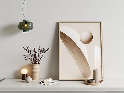 Minimalist Tabletop Decor With Abstract Art Frame Vase Pendant Light And Candles 3d model