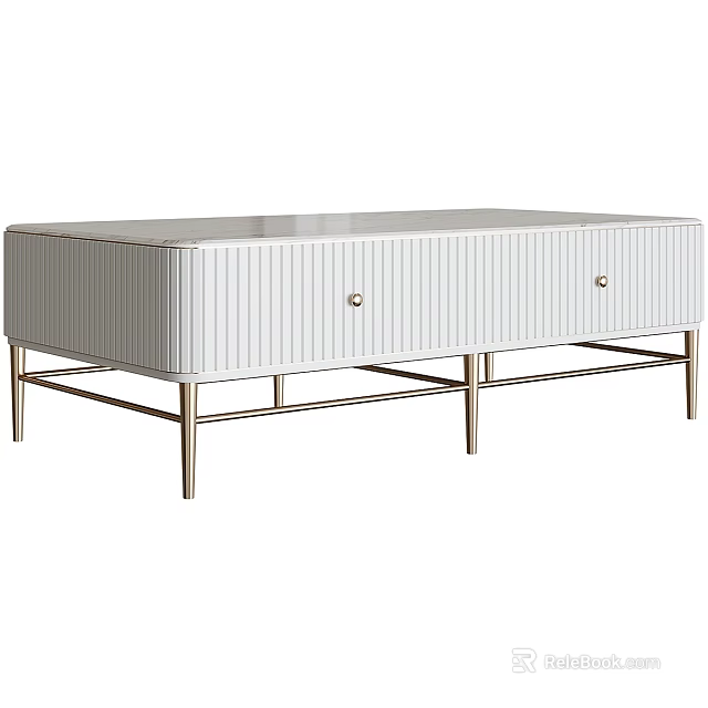 White Dining Table With Vertical Stripe Design And Metal Legs Featuring Drawers 3d model