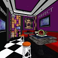 Modern KTV Interior With Purple Black Walls PERFECT Lettering TV Screens Red Sofa Checkered Floor