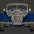 Classic Blue Convertible Car Featuring Vintage Chrome Grille Round Headlights On Black Reflective Surface