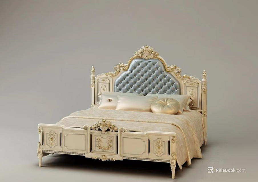 Elegant Classical Double Bed with Blue Tufted Headboard and Ornate Carvings 3d model 