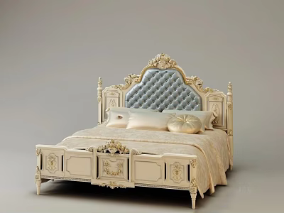 Elegant Classical Double Bed with Blue Tufted Headboard and Ornate Carvings 3d model
