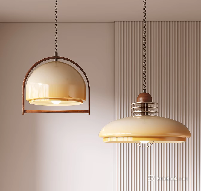 Modern Pendant Lights With Cream Shades Wooden Accents And Metal Chains Against Vertical Striped Wall 3d model 