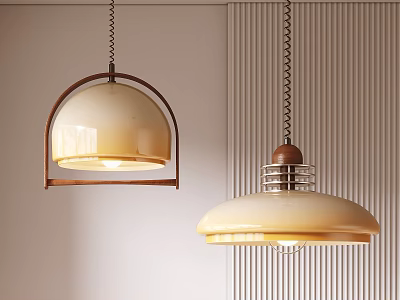 Modern Pendant Lights With Cream Shades Wooden Accents And Metal Chains Against Vertical Striped Wall 3d model