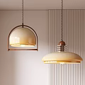 Modern Pendant Lights With Cream Shades Wooden Accents And Metal Chains Against Vertical Striped Wall