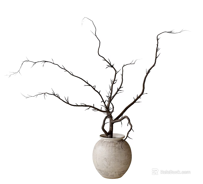 Minimalist Decorative Ornament Set with Light Ceramic Vase and Natural Leafless Branches 3d model 
