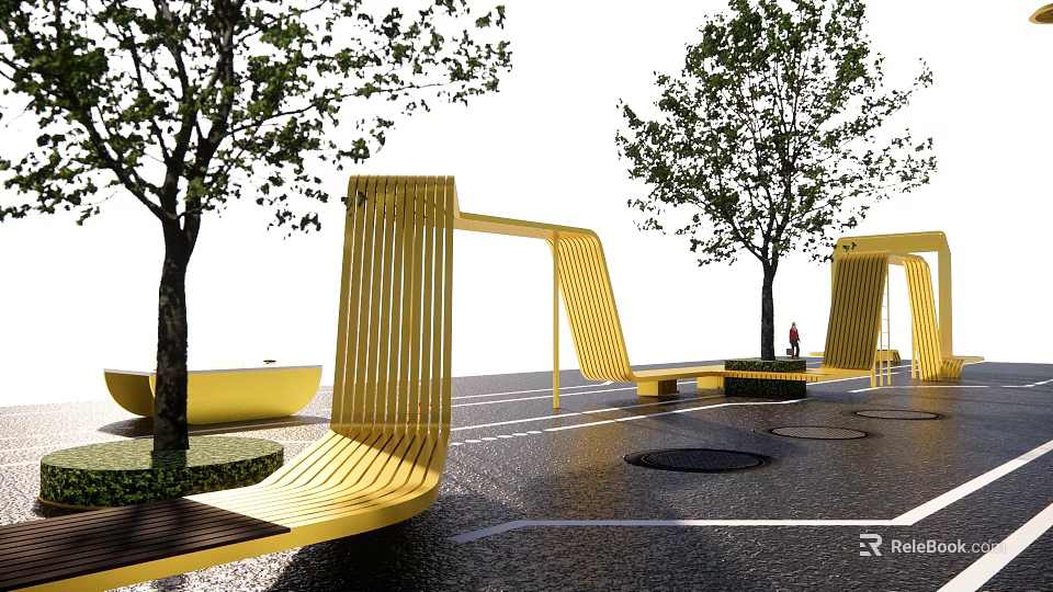 Stylish Yellow Modern Pergola Design With Trees Benches And Outdoor Paving 3d model 