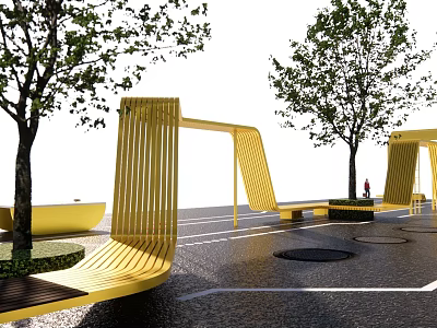 Stylish Yellow Modern Pergola Design With Trees Benches And Outdoor Paving 3d model