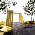 Stylish Yellow Modern Pergola Design With Trees Benches And Outdoor Paving