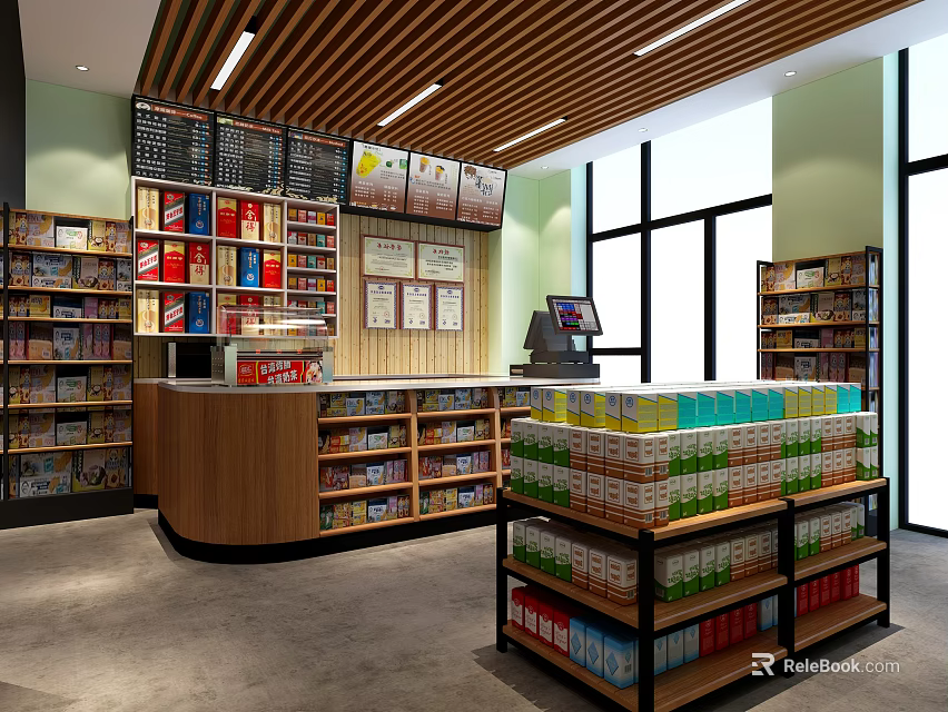 Modern Supermarket Interior With Organized Shelves Displayed Products And Checkout Counter 3d model 