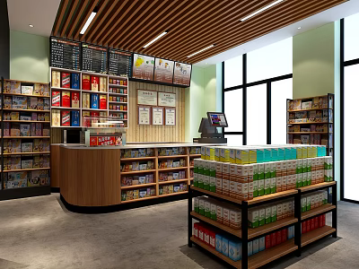 Modern Supermarket Interior With Organized Shelves Displayed Products And Checkout Counter 3d model